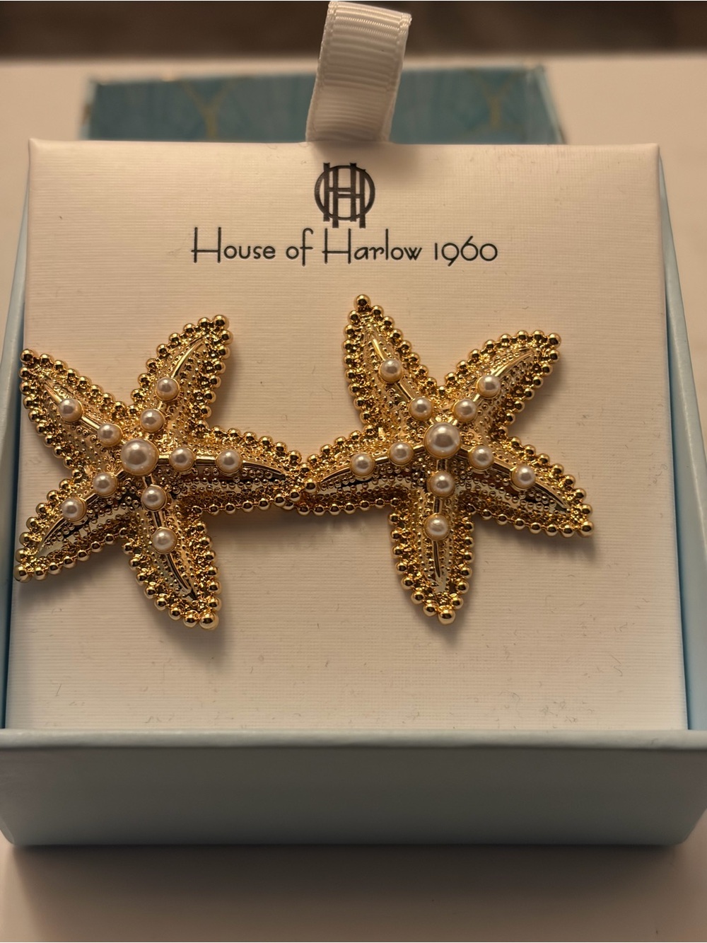 House of Harlow 1960 Gold Starfish Pearl Statement Earrings